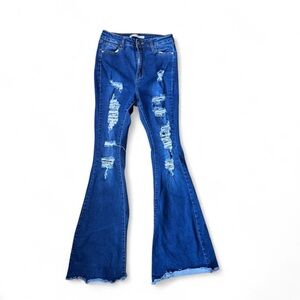 Stylish Blue Distressed Bell Bottom Jeans